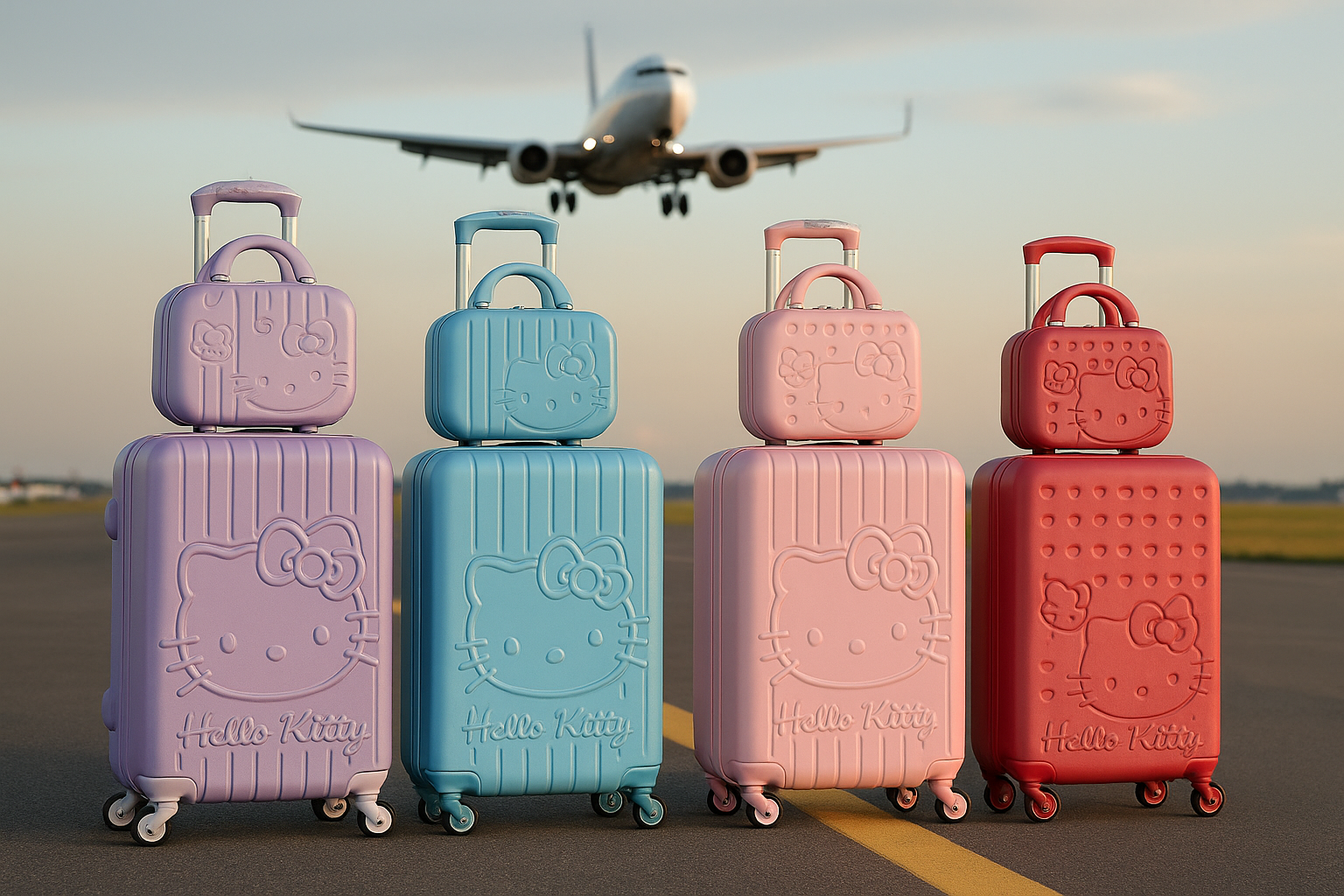 Hello Kitty Suitecase Sets set up on the airstrip