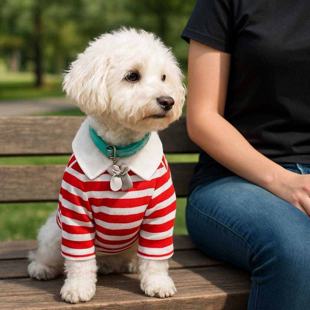 Small white dog wearing red striped dog polo shirt with white collar sitting on park bench next to person