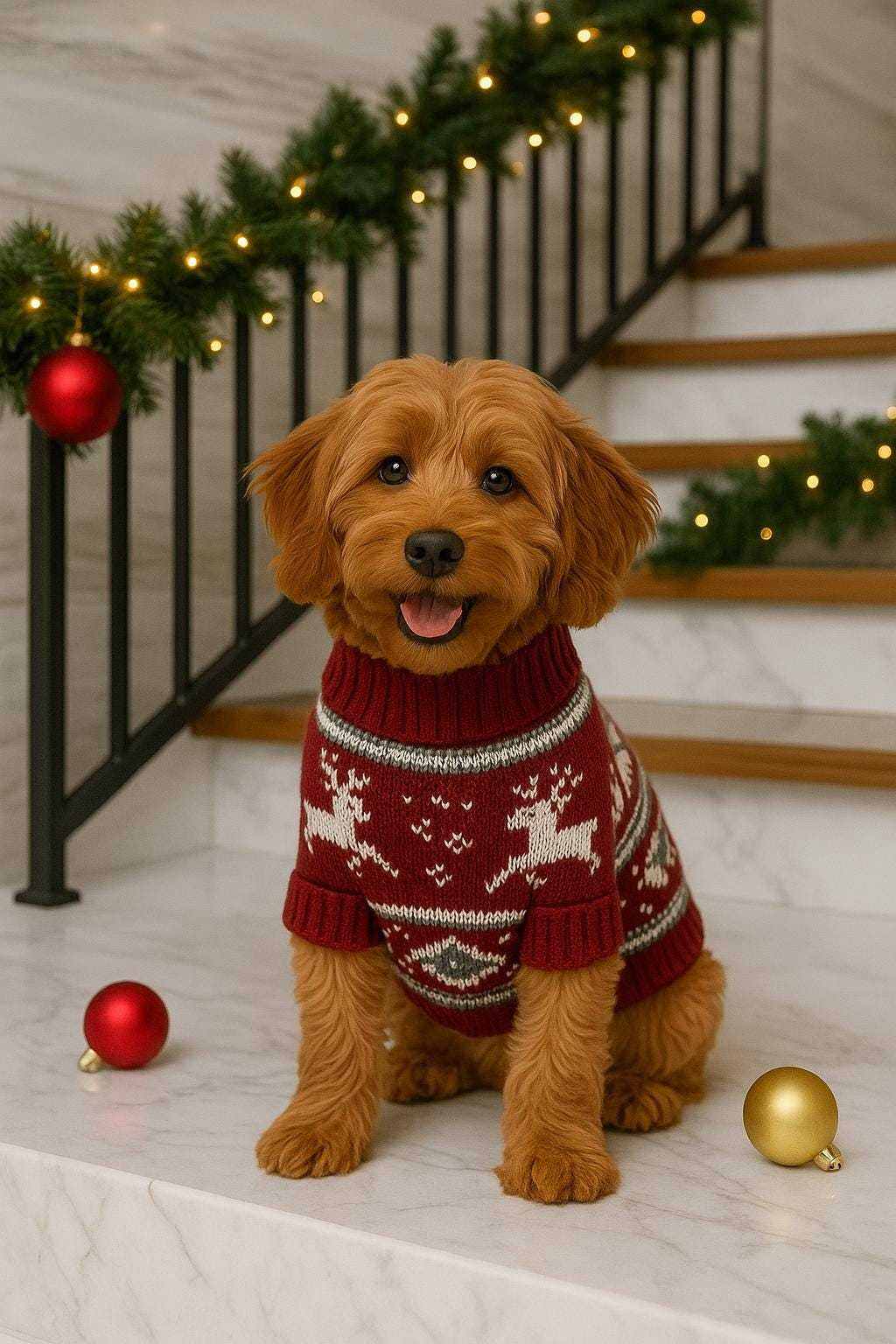 small dog wearing red and grey reindeer knit dog sweater with turtleneck by holiday-decorated stairs