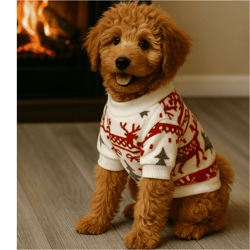 Flat lay of cream and red Holiday Reindeer Dog Sweater showing Fair Isle knit pattern with reindeer and snowflakes