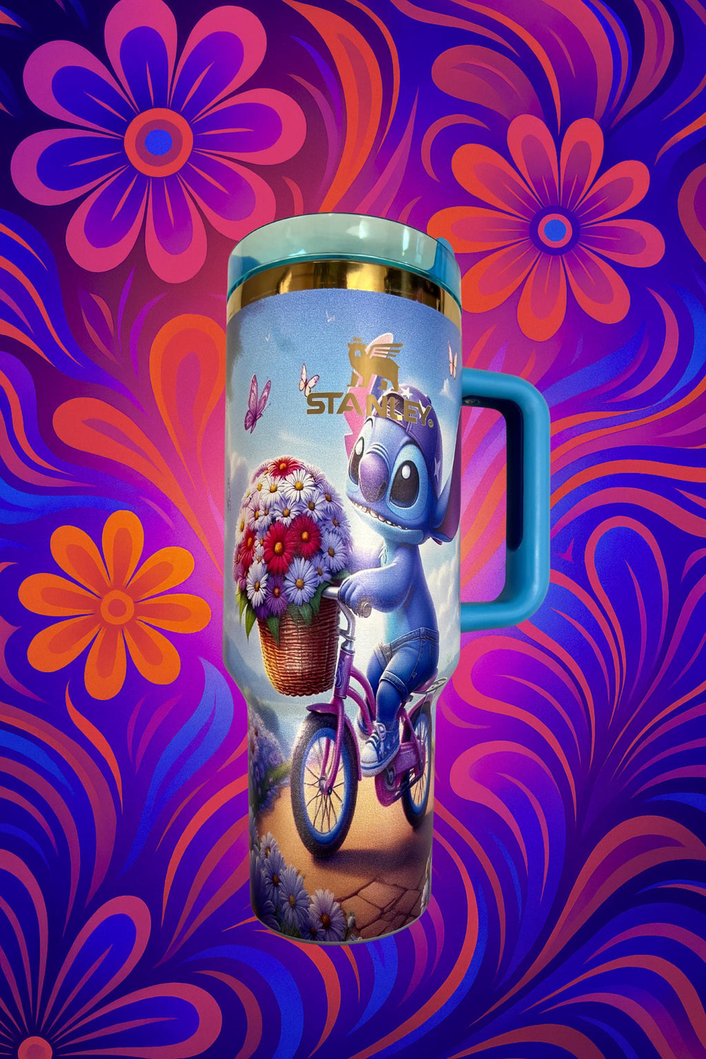 Stitch Bicycle Blue 40 Oz Car Cup Stainless Steel Engraved Car Cup with Handle