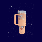 Snoopy Space 40 oz tumbler with handle, blue and purple engraved stainless steel mug on starry background