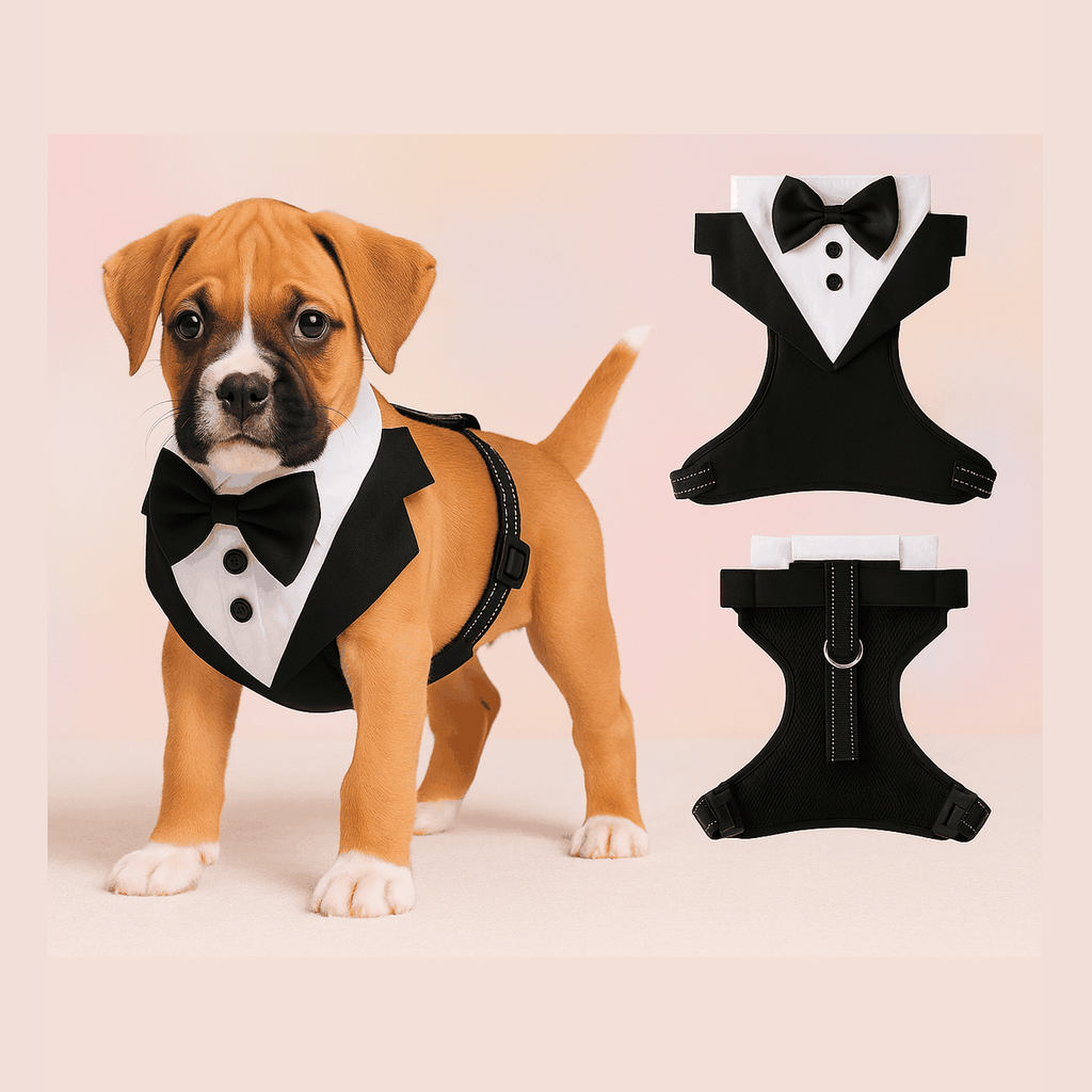 Puppy modeling Black Dog Tuxedo Harness with bow tie, next to close-up front and back views of the no-pull harness.