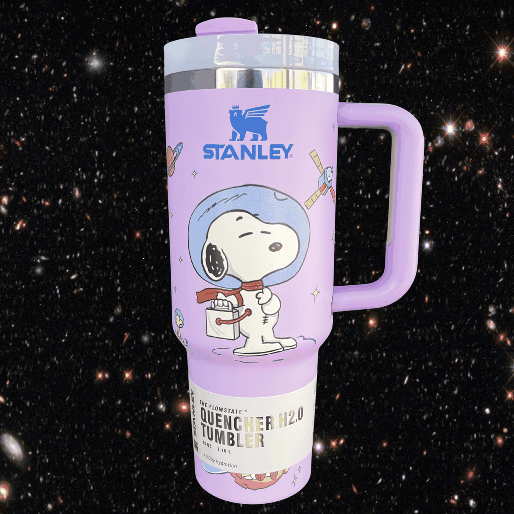 Snoopy Space 40 oz tumbler with handle purple engraved stainless steel mug on starry background