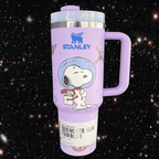 Snoopy Space 40 oz tumbler with handle purple engraved stainless steel mug on starry background