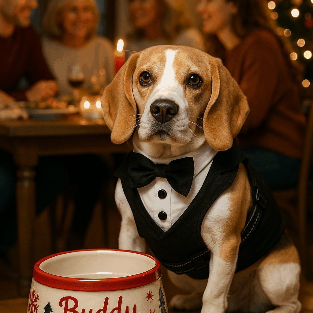 Beagle wearing Black Dog Tuxedo Harness with bow tie at holiday dinner table in front of family and Christmas tree.