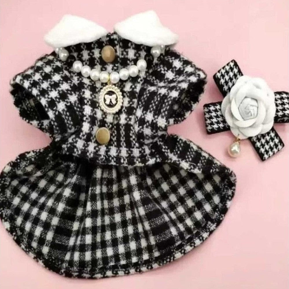 Elegant Houndstooth Dress with Pearls - Chanel Style