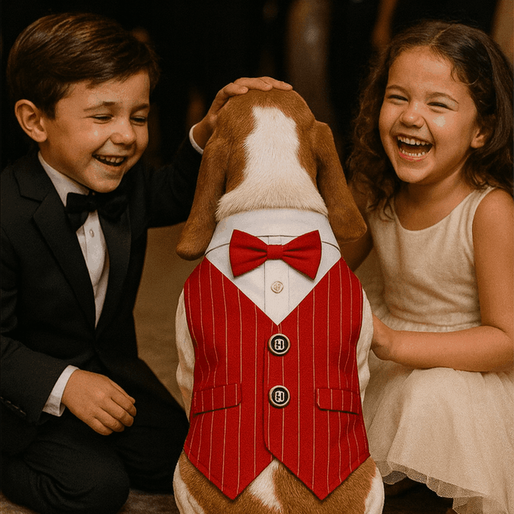 Dog wearing red pinstripe tuxedo vest with bow tie at formal event with children