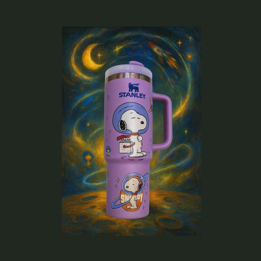 Snoopy Space 40 oz tumbler with handle purple engraved stainless steel mug on starry background