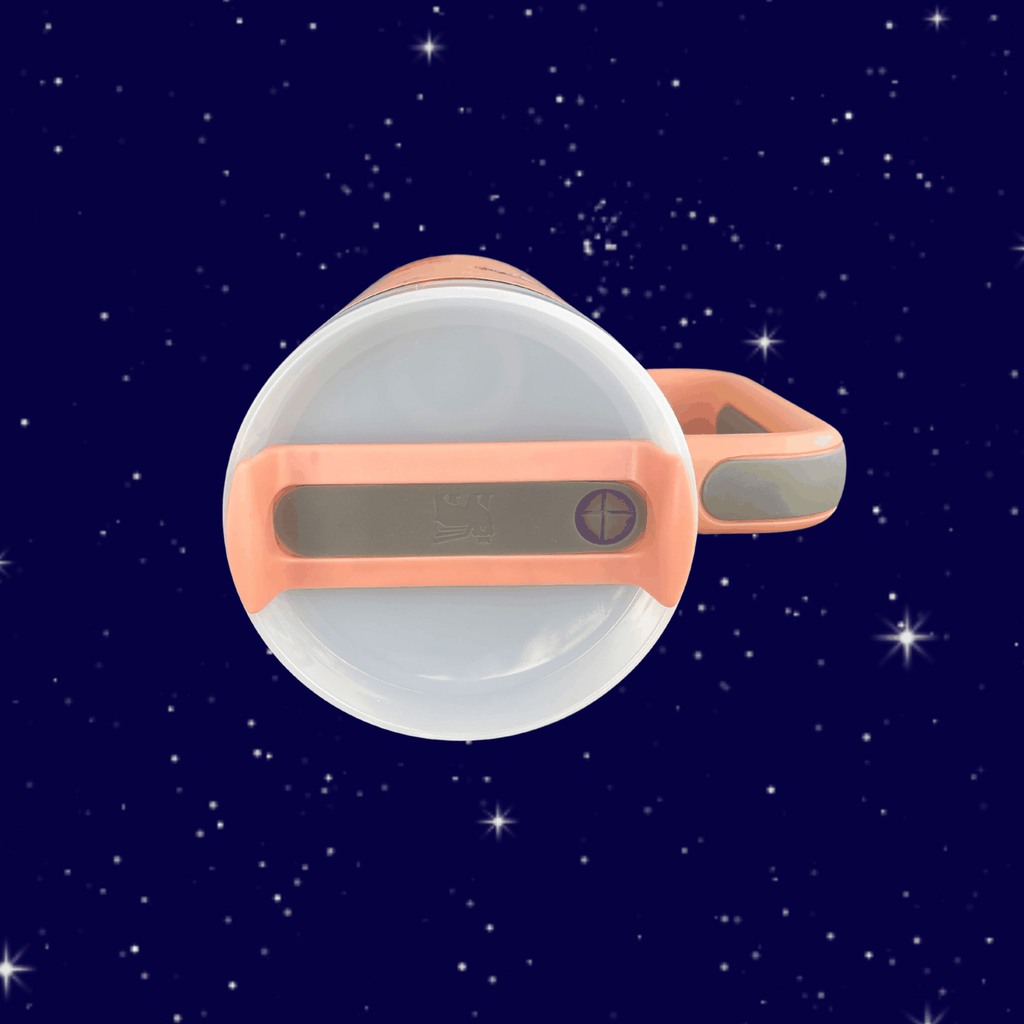 Snoopy Space 40 oz tumbler with handle, blue and purple engraved stainless steel mug on starry background