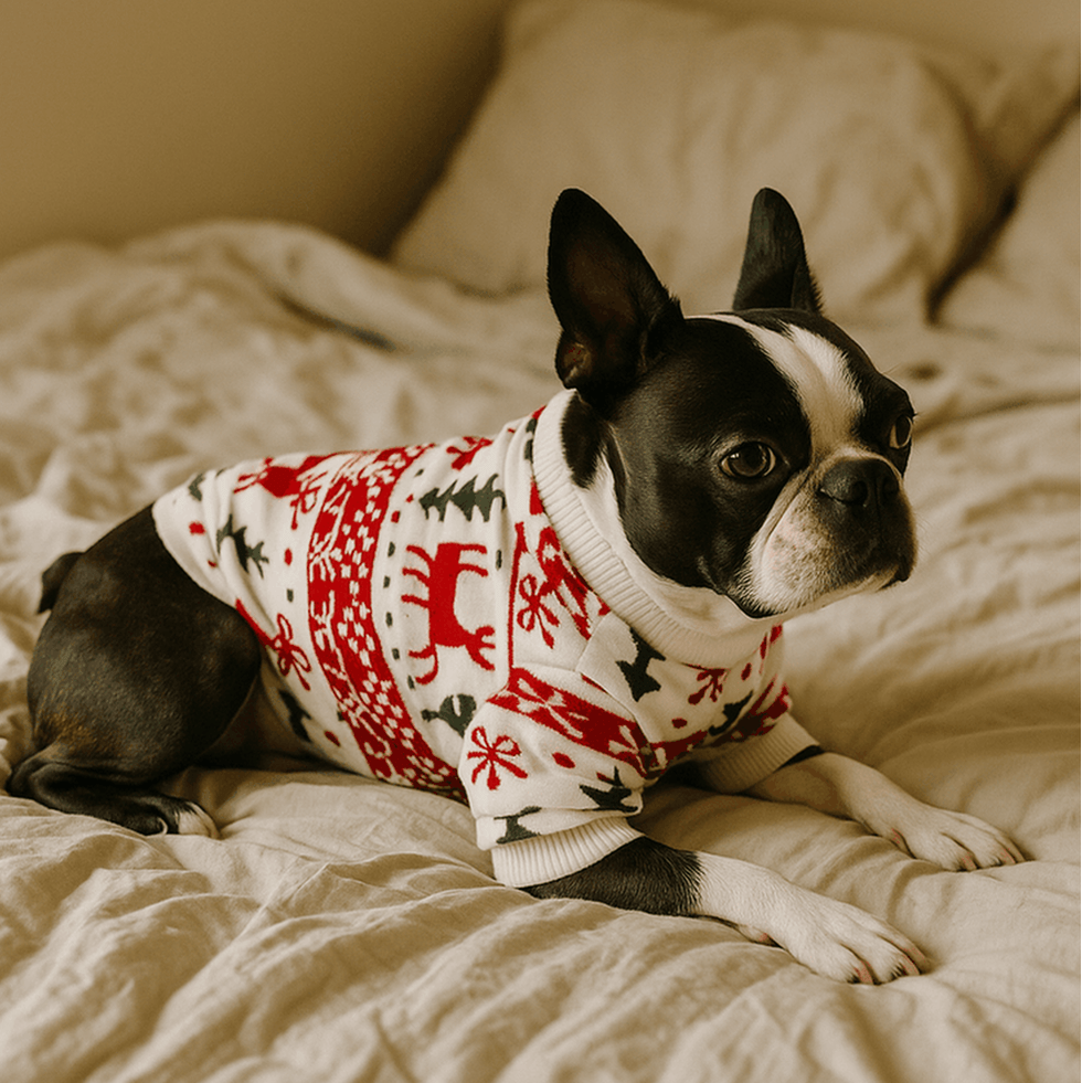 Boston Terrier wearing cream and red knit Holiday Reindeer Dog Sweater with festive reindeer and snowflake pattern