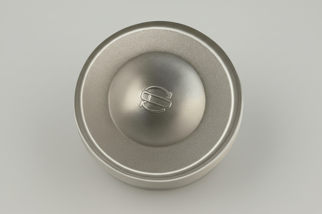 Metallic lid with a logo on a gray background