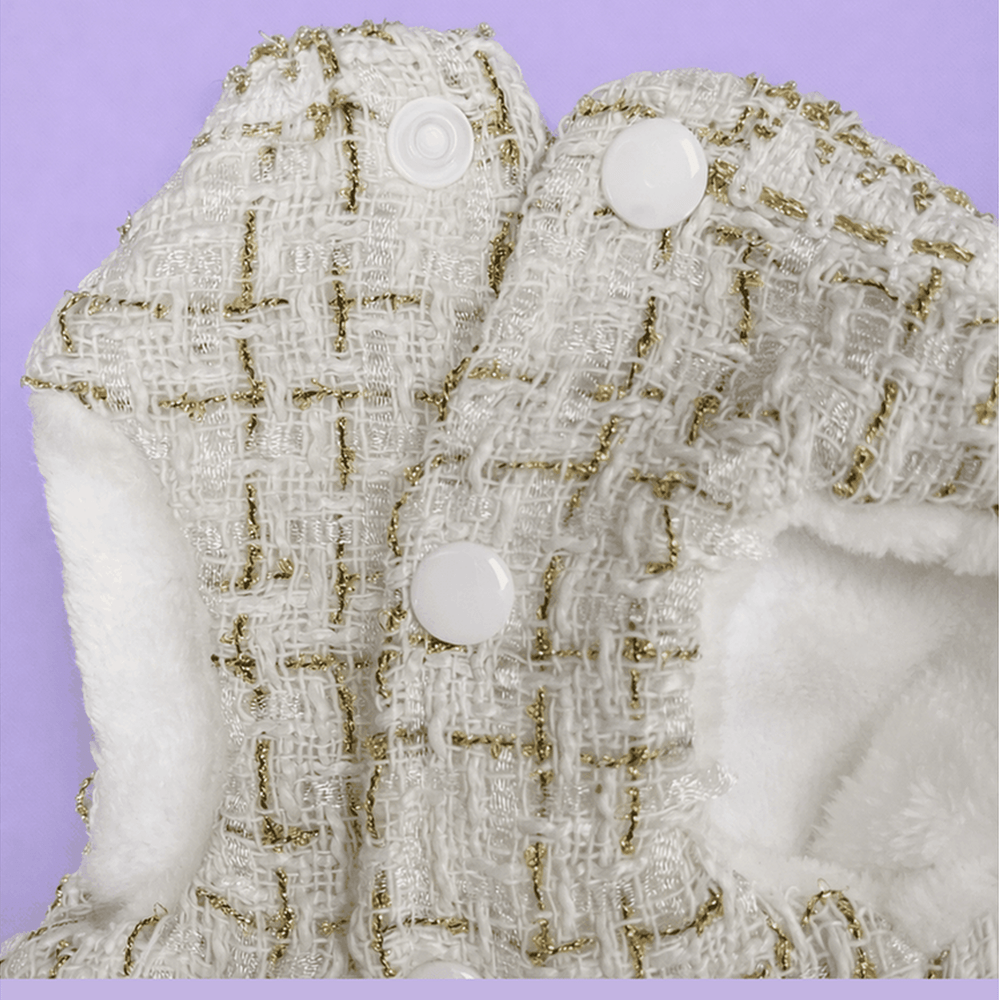 Detail of white Chanel-style tweed dog dress displaying elegant fabric texture and gold accents