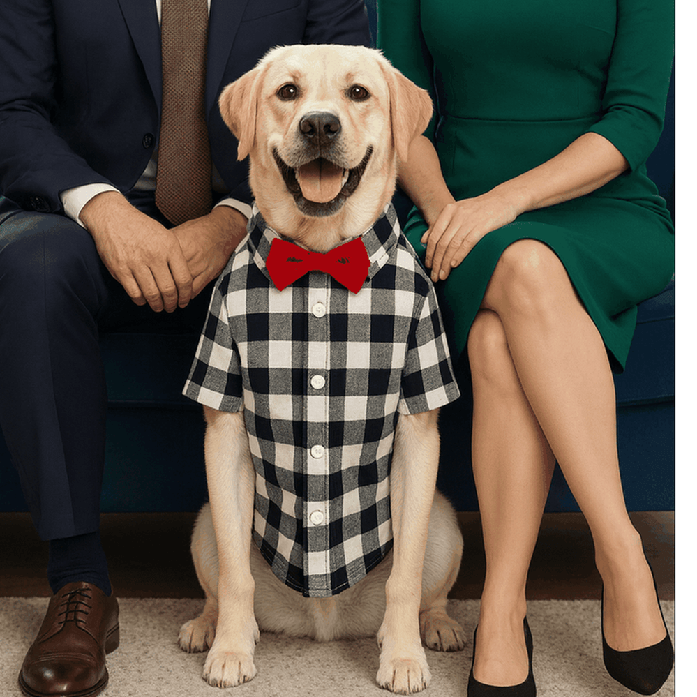 Buffalo Check Dog Shirt with Red Bow Tie - Classic Plaid Pet Formal Wear