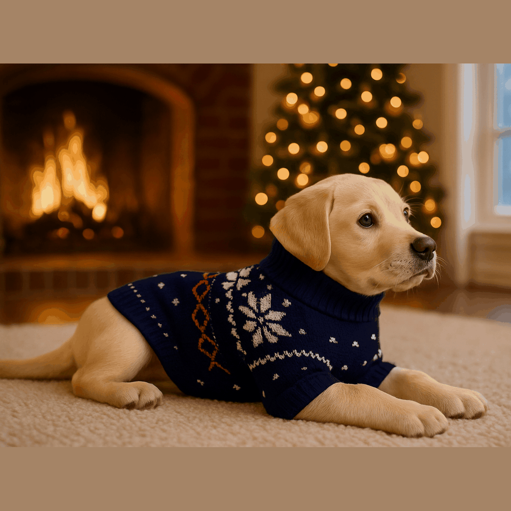 puppy wearing navy blue snowflake dog sweater with red hearts by cozy fireplace and Christmas tree