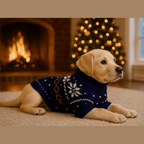 puppy wearing navy blue snowflake dog sweater with red hearts by cozy fireplace and Christmas tree