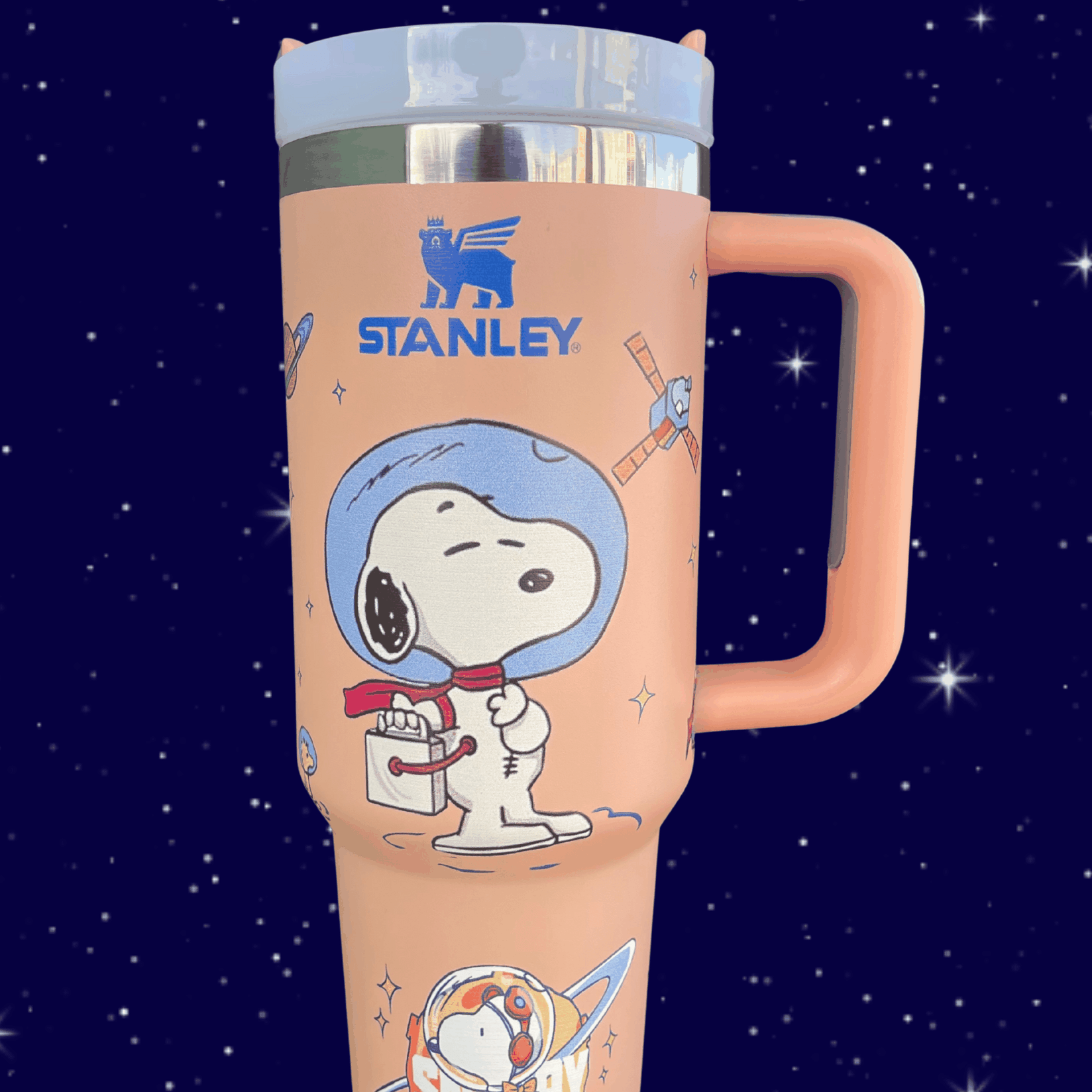 Snoopy Space 40 oz tumbler with handle, blue and purple engraved stainless steel mug on starry background