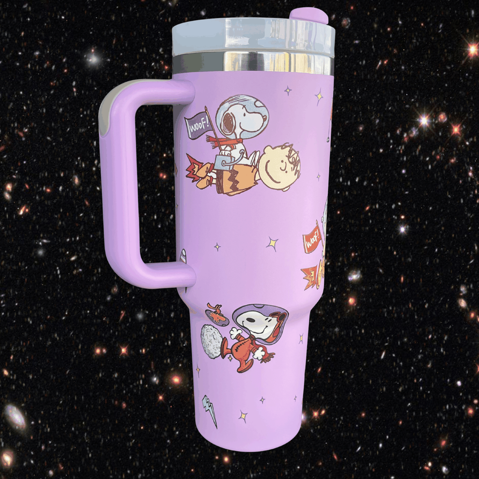 Snoopy Space 40 oz tumbler with handle purple engraved stainless steel mug on starry background