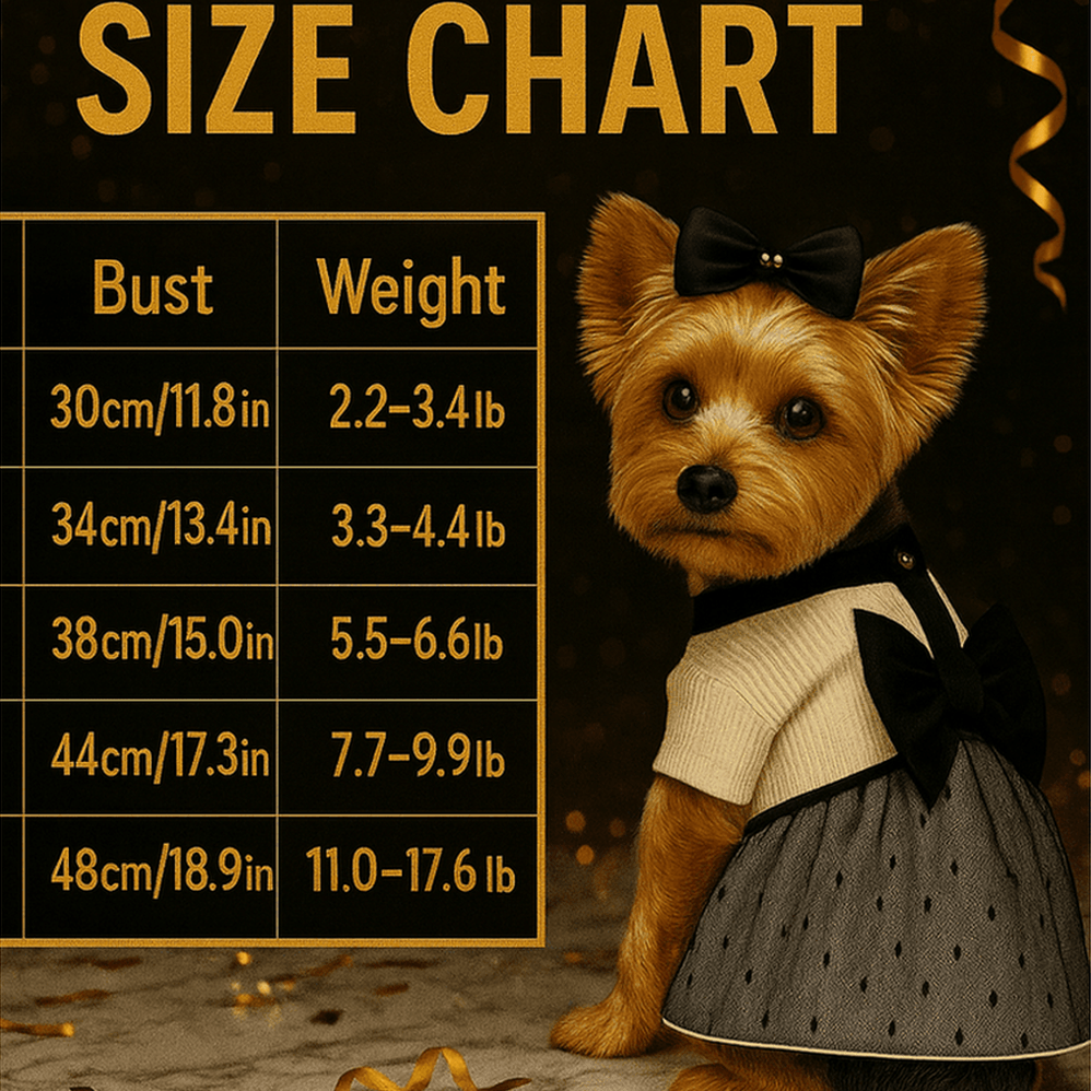 Size chart for elegant black and white dog dress XS to XL