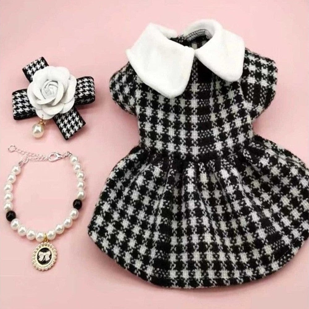 Elegant Houndstooth Dress with Pearls - Chanel Style