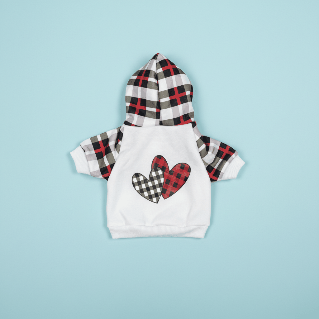 White Dog Hoodie with Plaid Heart & Sleeves – Cozy Pet Outfit for Small & Medium Dogs (XS-XL)