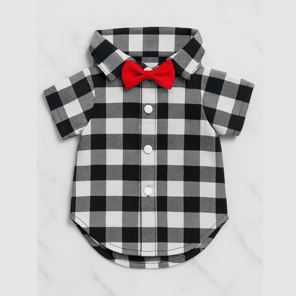 Buffalo check dog shirt with black and white plaid and red bow tie, formal pet wear with snap buttons and collar