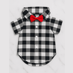 Buffalo check dog shirt with black and white plaid and red bow tie, formal pet wear with snap buttons and collar