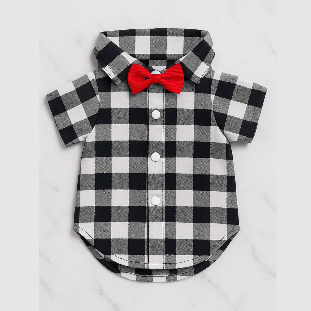 Buffalo check dog shirt with black and white plaid and red bow tie, formal pet wear with snap buttons and collar