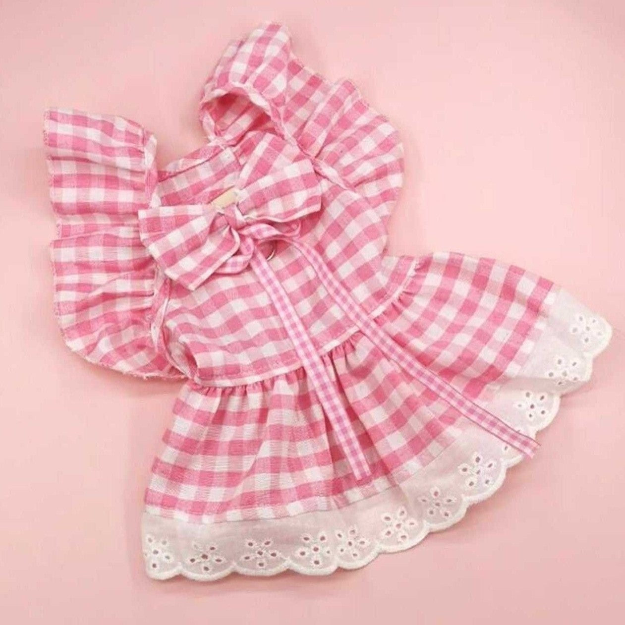 Sweet Pink Gingham Dress with Eyelet Lace Trim
