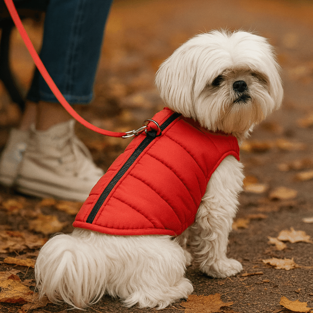 Small white dog wearing a red quilted waterproof dog vest with built-in harness and D-ring sitting on autumn path