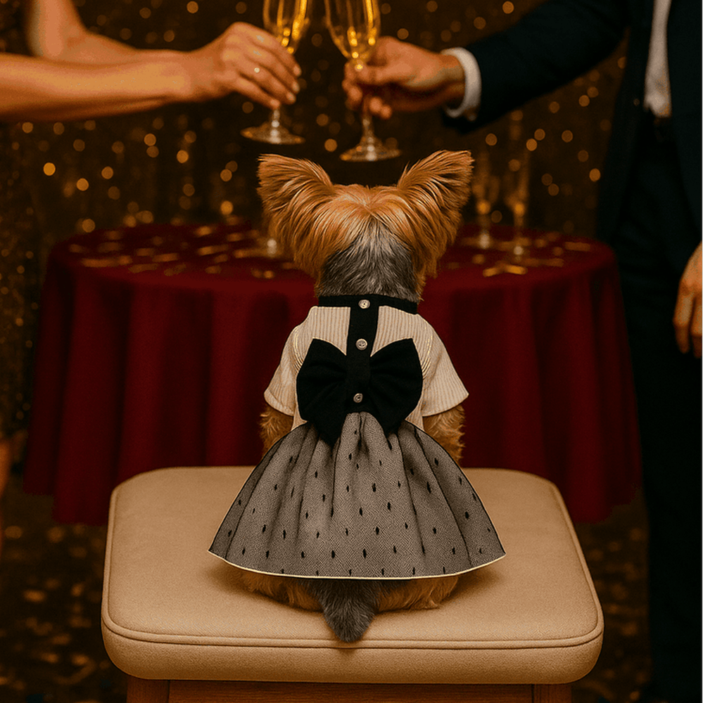 Back view of black and white dog dress with velvet collar