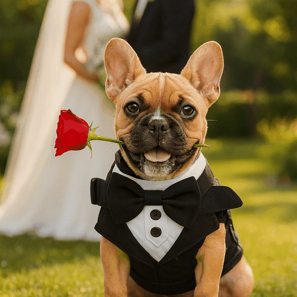 Small dog wearing black dog tuxedo harness with bow tie holding a red rose in its mouth at an outdoor wedding with bride and groom blurred in the background