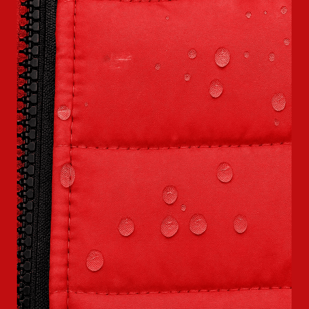 Side view of red quilted dog vest showing padded winter jacket construction and fit