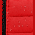 Side view of red quilted dog vest showing padded winter jacket construction and fit