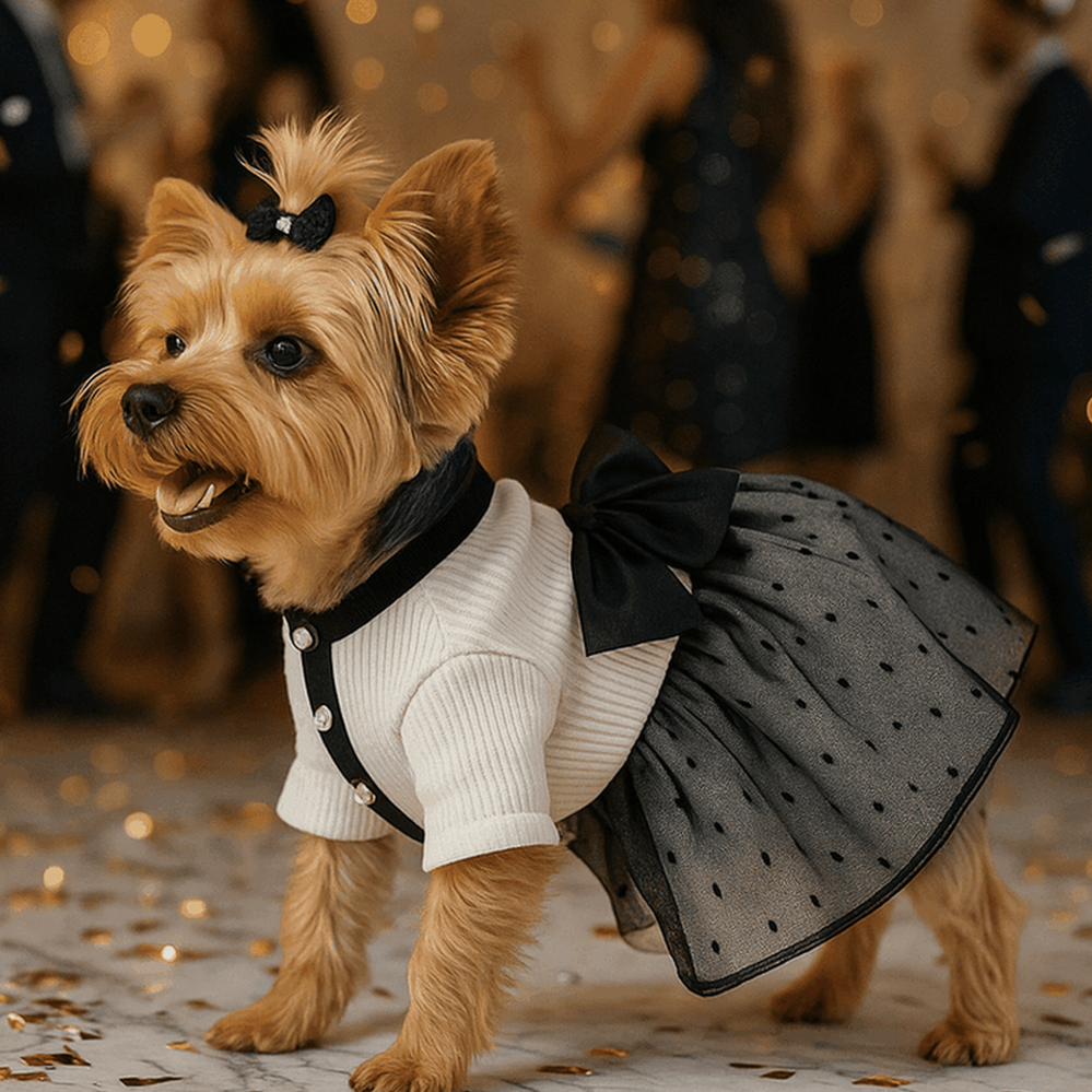 Small dog wearing an elegant black and white polka dot tulle dress with bow at a party