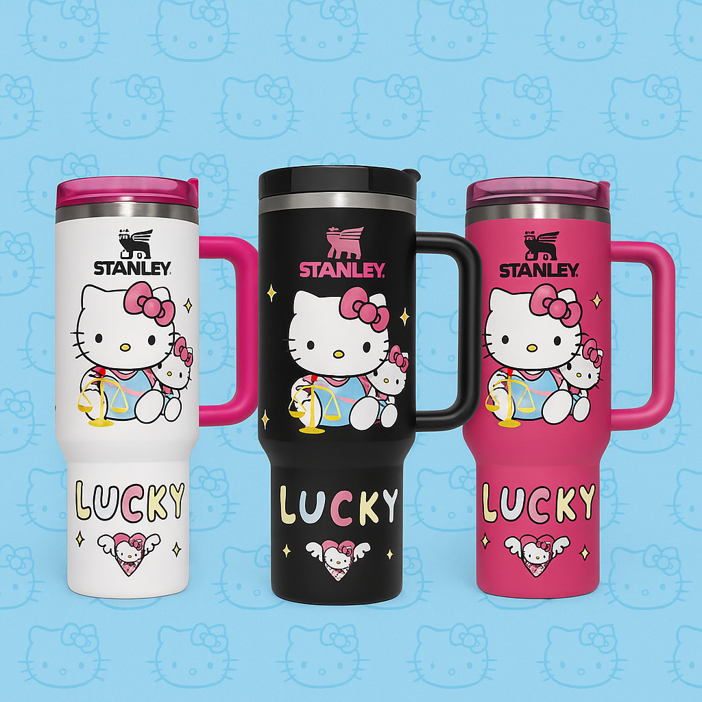 Hello Kitty 40oz Tumbler – Kawaii “Lucky Kitty” Stainless Steel Travel Mug with Handle (White, Black, or Pink)