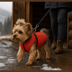 Red quilted dog vest showing zipper closure and waterproof padded design for winter walks