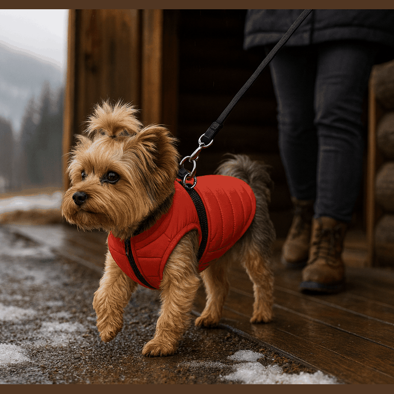 Red quilted dog vest showing zipper closure and waterproof padded design for winter walks
