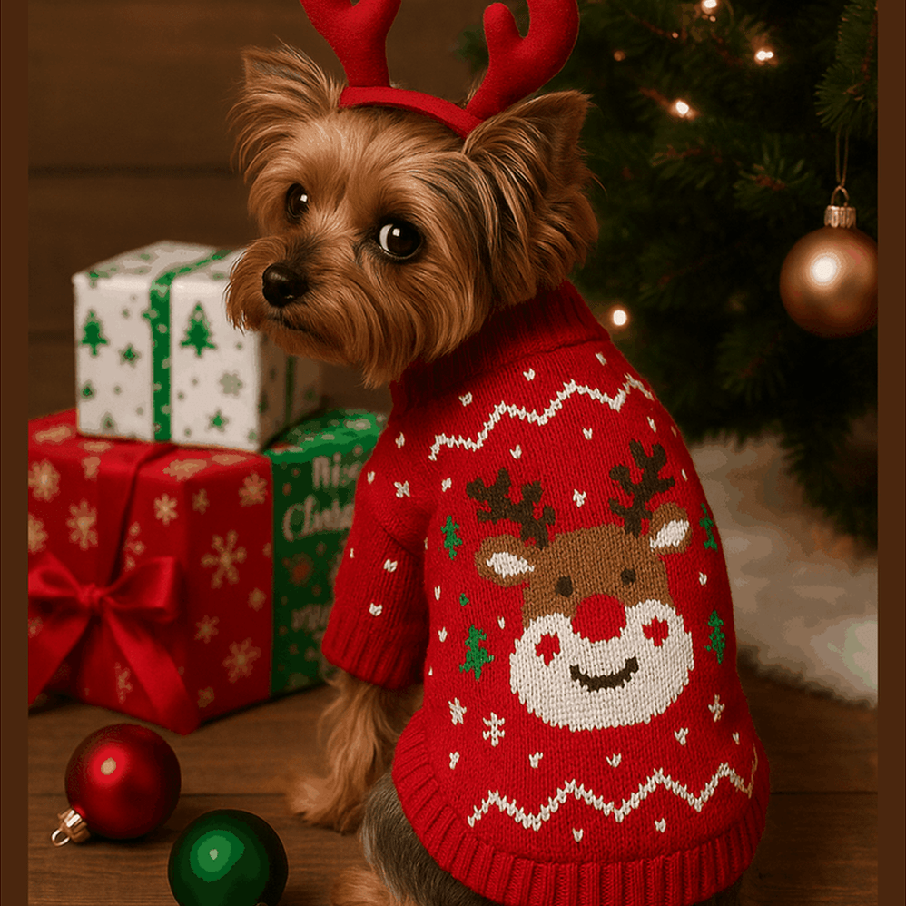 Small dog wearing red Christmas reindeer dog sweater with festive holiday decorations in background