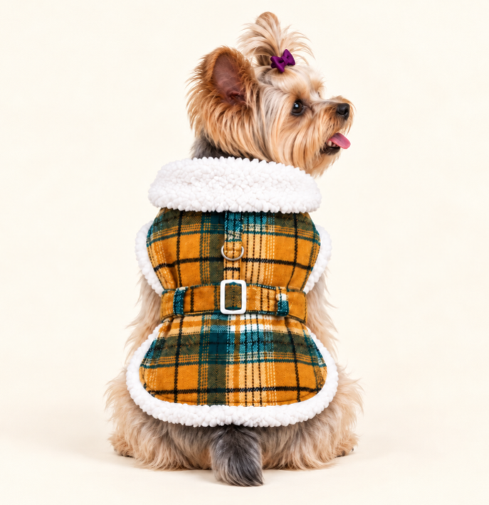 A small dog wearing a yellow and green plaid harness-style coat with white sherpa trim, photographed against a plain cream studio background.