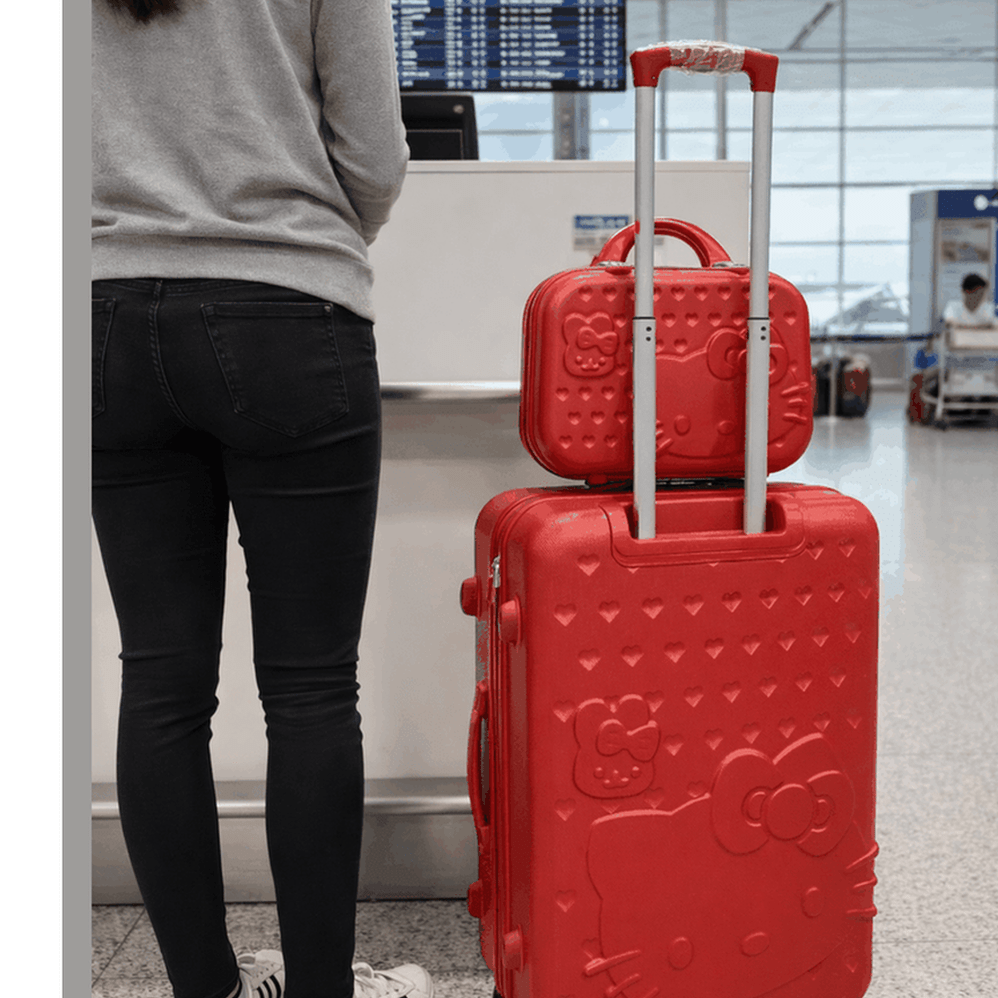 Hello Kitty kids luggage set showing pink hard shell spinner suitcase with matching travel case and Hello Kitty graphics