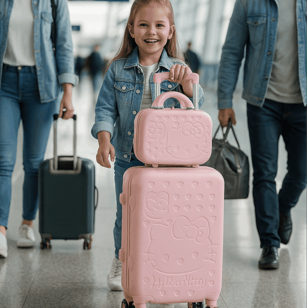 Hello Kitty kids travel luggage set in multiple colors - pink, red, and purple hard shell spinners with smooth wheels