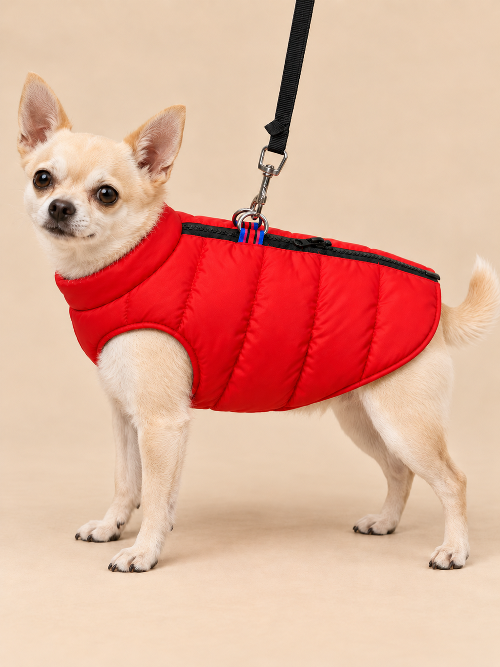 A small cream-colored Chihuahua dog wearing a bright red puffer-style dog coat with a black collar trim and attached black leash, photographed against a plain beige studio background.