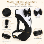 Black and white pet harness styled like a tuxedo with a bow tie, shown on a beige background with callout circles highlighting breathable mesh, single D-ring, adjustable fit, and secure buckle.