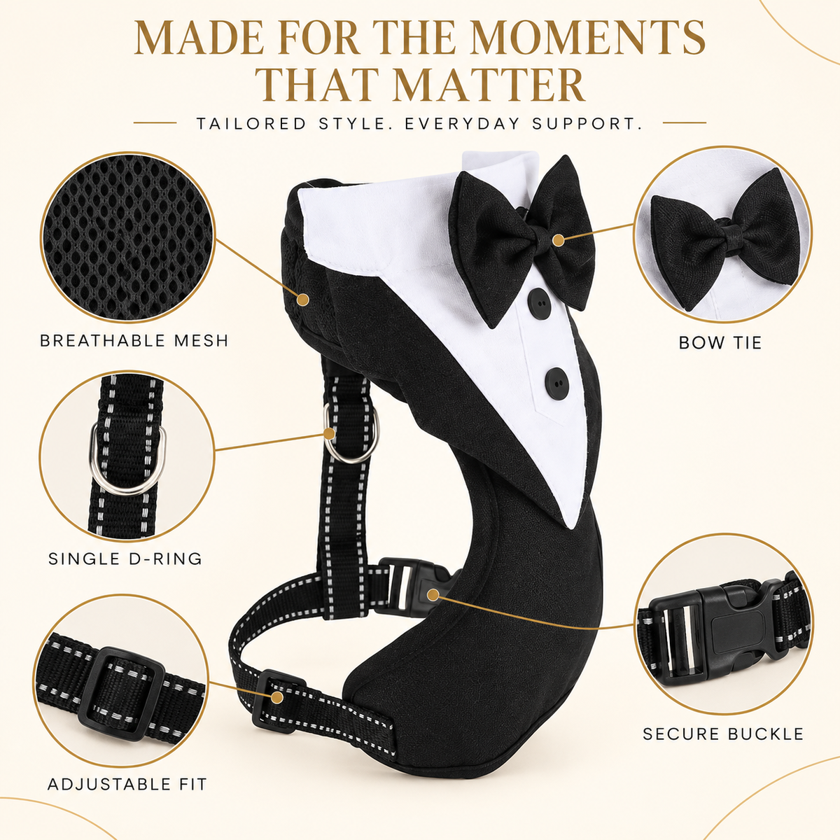 Black and white pet harness styled like a tuxedo with a bow tie, shown on a beige background with callout circles highlighting breathable mesh, single D-ring, adjustable fit, and secure buckle.