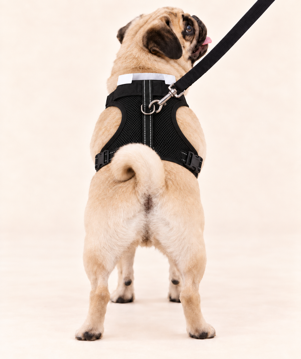 A fawn pug dog viewed from behind wearing a black mesh harness with a white collar and attached black leash, standing against a plain light beige studio background.