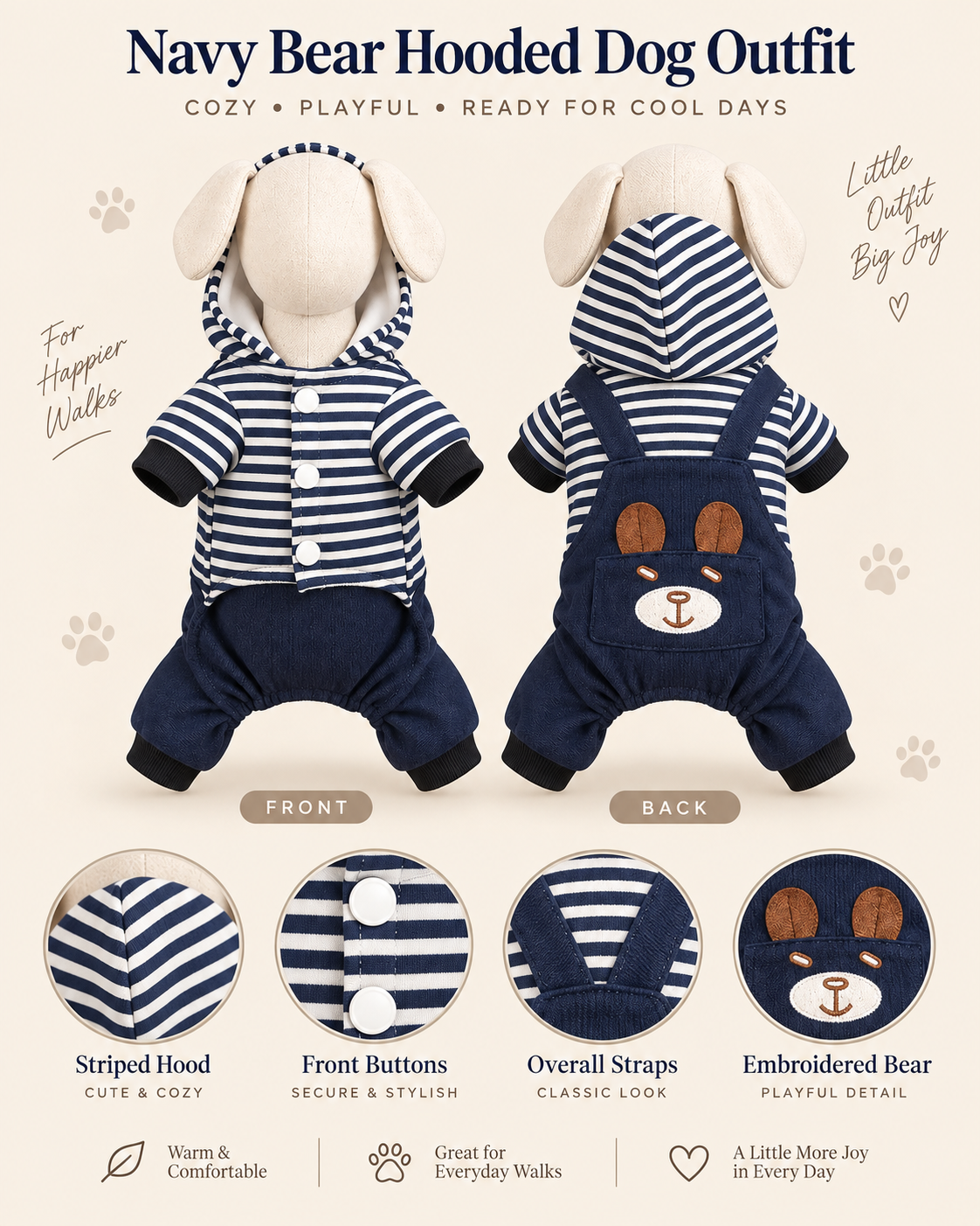 Navy blue and white striped hooded dog outfit shown front and back on a beige background, with embroidered bear face detail on the back, plus circular close-up feature callouts and text describing the outfit.