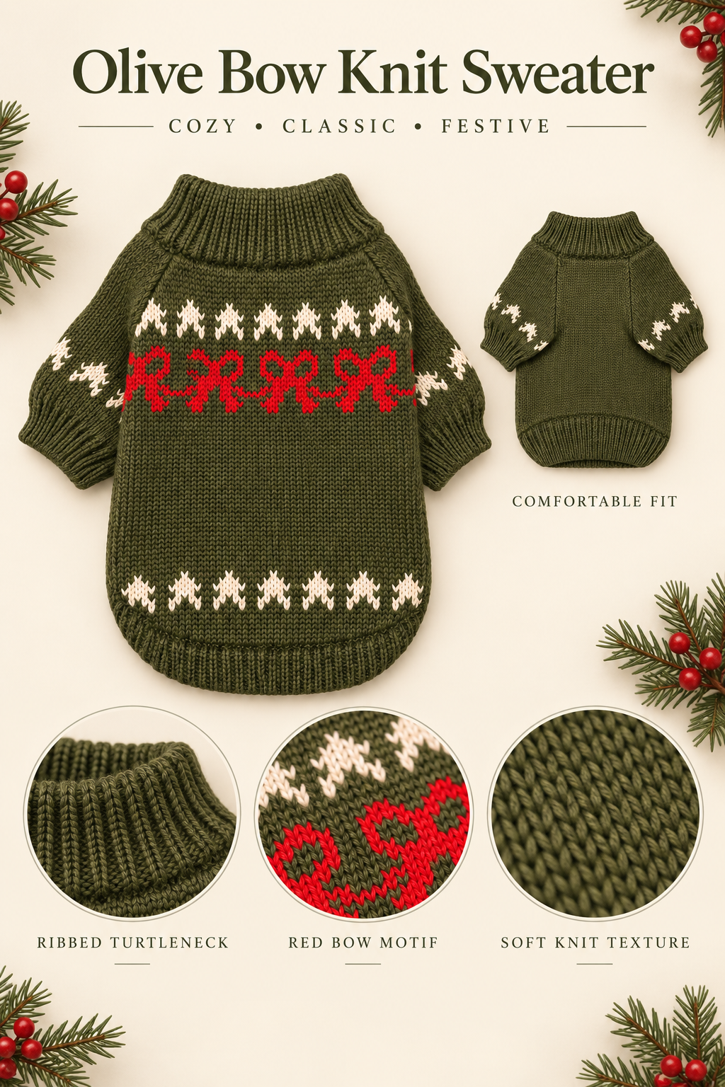 Olive green knit pet sweater with a red and cream holiday bow pattern, shown on a light beige background with decorative pine branches and berries. The image includes a main sweater view, a smaller side view, three circular detail insets showing ribbed turtleneck, red bow motif, and knit texture, and text reading 'Olive Bow Knit Sweater' and 'Comfortable Fit'.