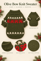 Olive green knit pet sweater with a red and cream holiday bow pattern, shown on a light beige background with decorative pine branches and berries. The image includes a main sweater view, a smaller side view, three circular detail insets showing ribbed turtleneck, red bow motif, and knit texture, and text reading 'Olive Bow Knit Sweater' and 'Comfortable Fit'.