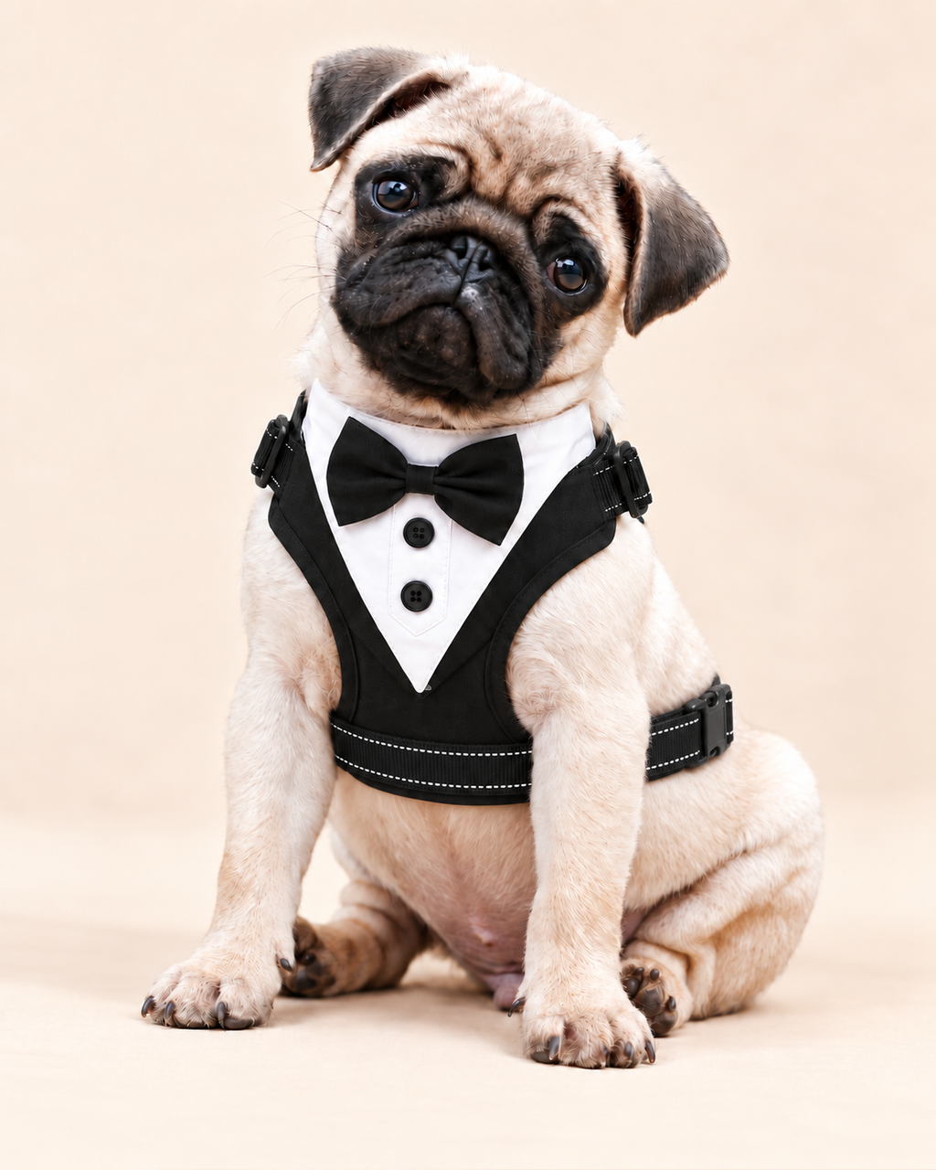 A small fawn pug puppy wearing a black and white tuxedo harness costume, sitting against a solid beige studio background.